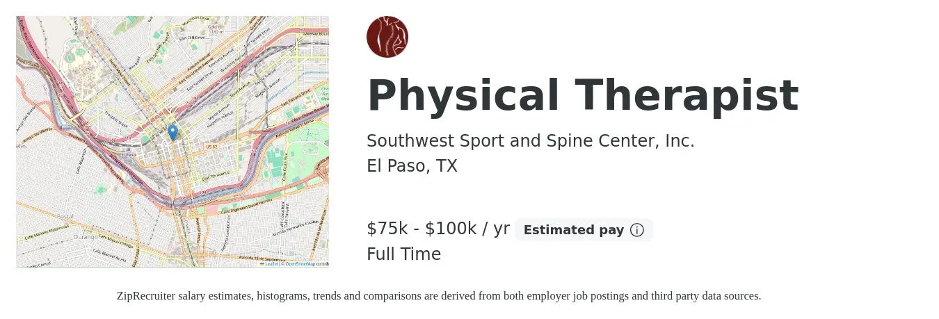 Southwest Sport and Spine Center, Inc. job posting for a Physical Therapist in El Paso, TX with a salary of $75,000 to $100,000 Yearly with a map of El Paso location.