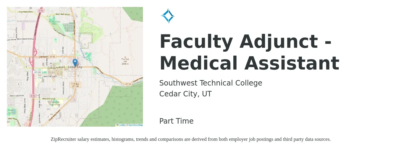Southwest Technical College job posting for a Faculty Adjunct - Medical Assistant in Cedar City, UT with a salary of $17 to $25 Hourly with a map of Cedar City location.