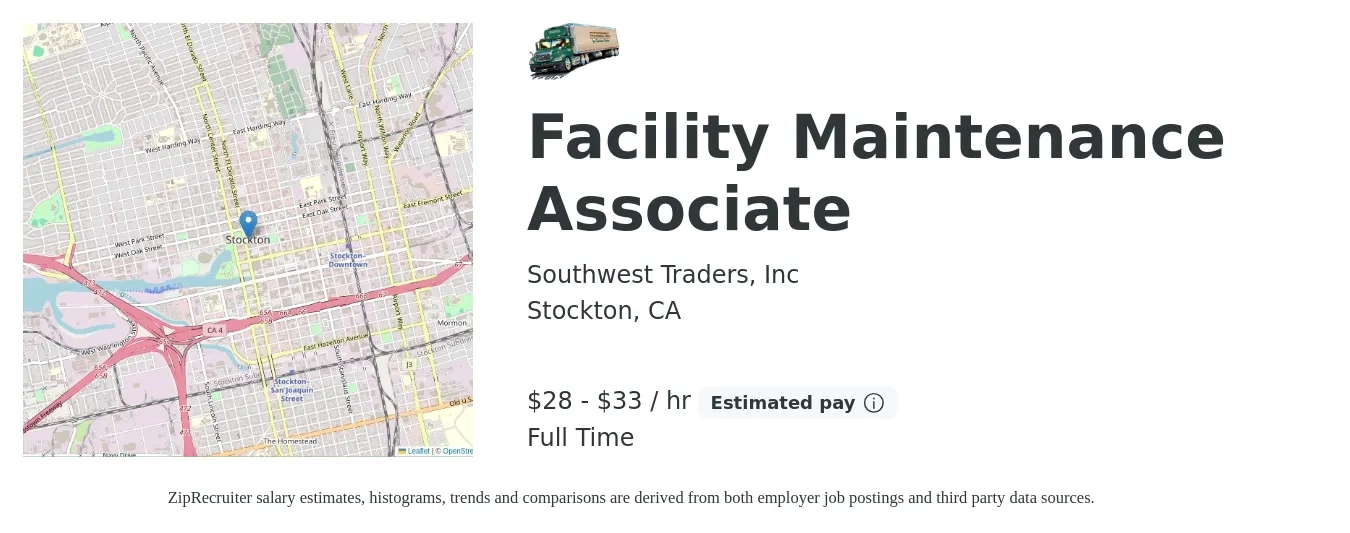 Southwest Traders, Inc job posting for a Facility Maintenance Associate in Stockton, CA with a salary of $30 to $35 Hourly with a map of Stockton location.