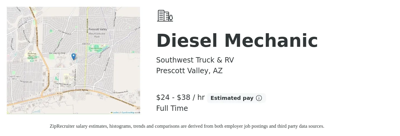 Southwest Truck & RV job posting for a Diesel Mechanic in Prescott Valley, AZ with a salary of $25 to $40 Hourly with a map of Prescott Valley location.