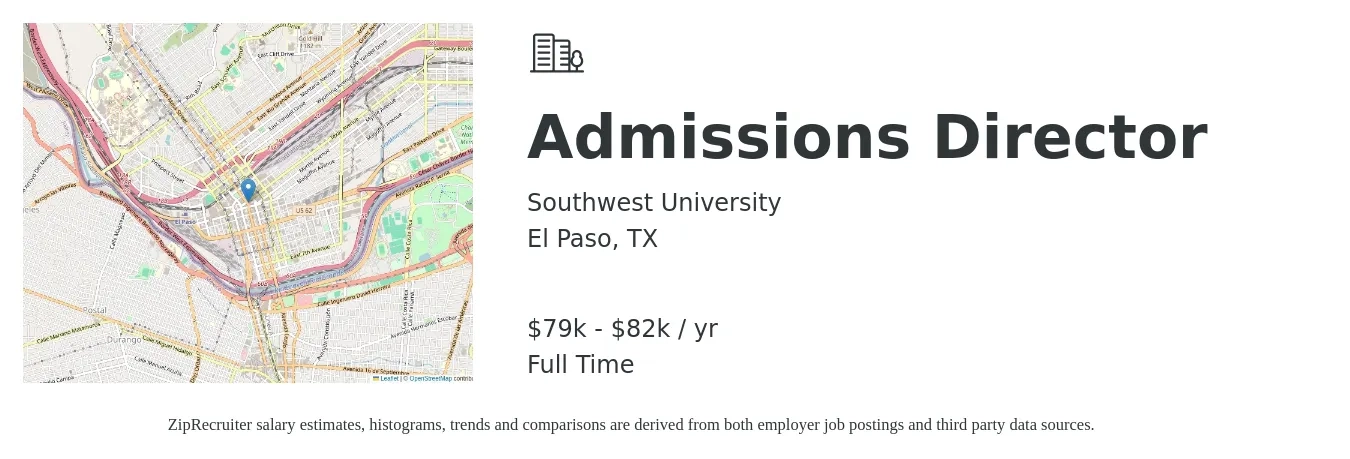 Southwest University job posting for a Admissions Director in El Paso, TX with a salary of $79,700 to $82,000 Yearly with a map of El Paso location.