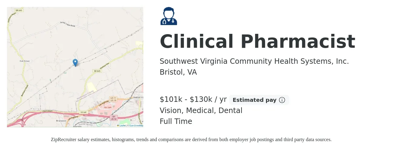 Southwest Virginia Community Health Systems, Inc. job posting for a Clinical Pharmacist in Bristol, VA with a salary of $101,000 to $130,000 Yearly and benefits including retirement, vision, dental, life_insurance, medical, and pto with a map of Bristol location.