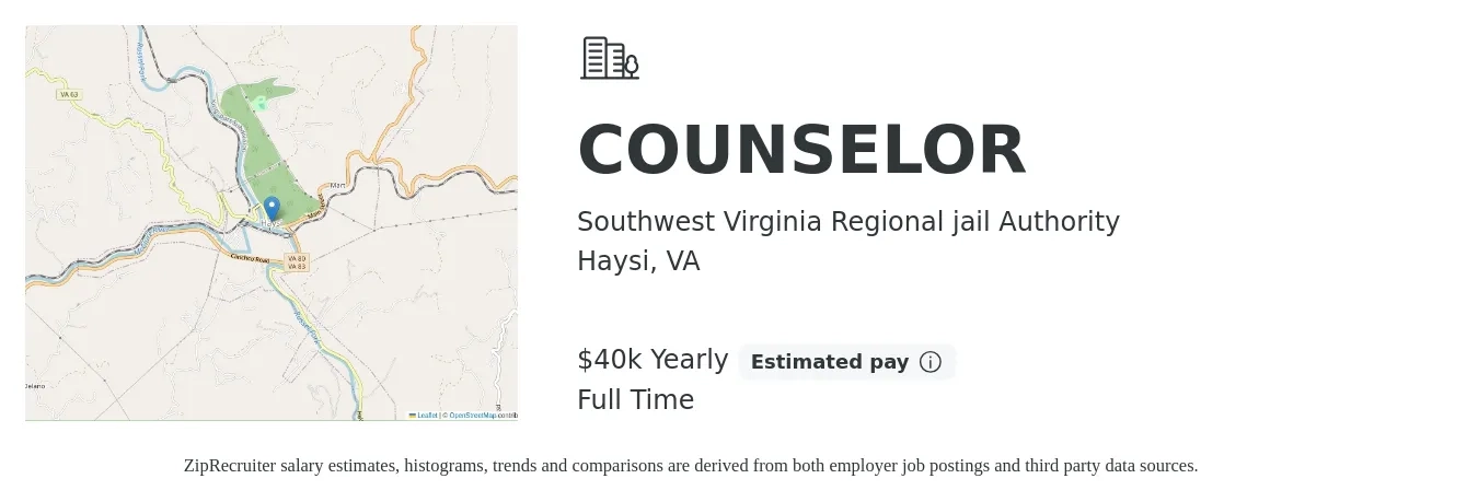 Southwest Virginia Regional jail Authority job posting for a COUNSELOR in Haysi, VA with a salary of $40,162 Yearly with a map of Haysi location.