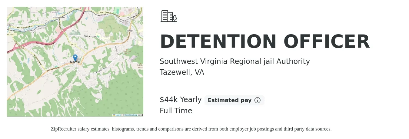 Southwest Virginia Regional jail Authority job posting for a DETENTION OFFICER in Tazewell, VA with a salary of $21 Hourly with a map of Tazewell location.