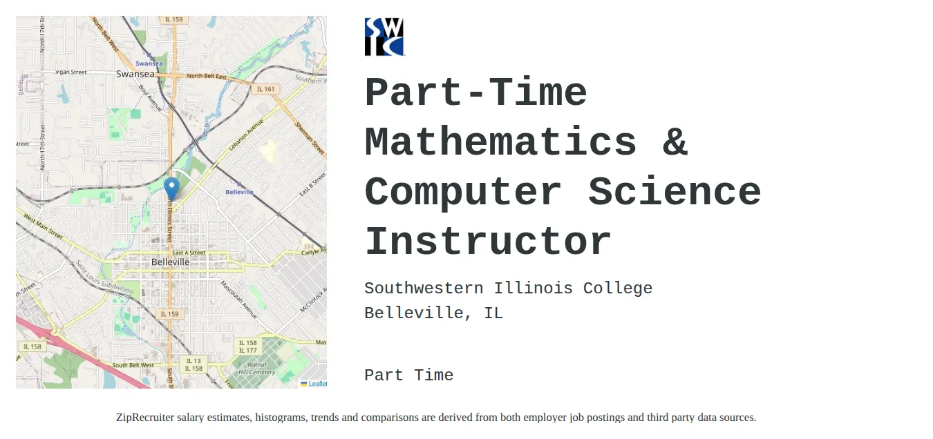 Southwestern Illinois College job posting for a Part-Time Mathematics & Computer Science Instructor in Belleville, IL with a salary of $45,700 to $59,700 Annually and benefits including Medical and Retirement with a map of Belleville location.