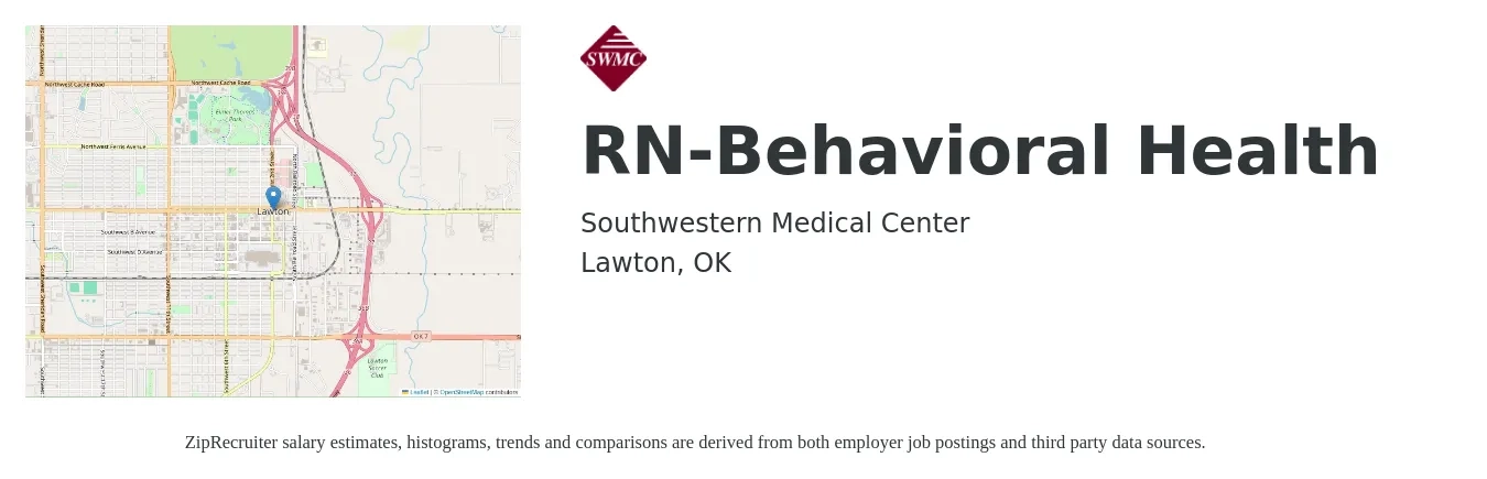 Southwestern Medical Center job posting for a RN-Behavioral Health in Lawton, OK with a salary of $30 to $51 Hourly with a map of Lawton location.