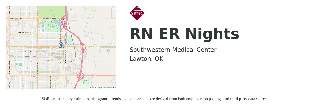 Southwestern Medical Center job posting for a RN ER Nights in Lawton, OK with a salary of $1,710 to $2,420 Weekly with a map of Lawton location.