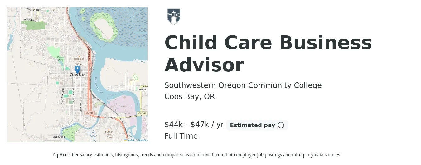 Southwestern Oregon Community College job posting for a Child Care Business Advisor in Coos Bay, OR with a salary of $44,098 to $47,733 Yearly with a map of Coos Bay location.