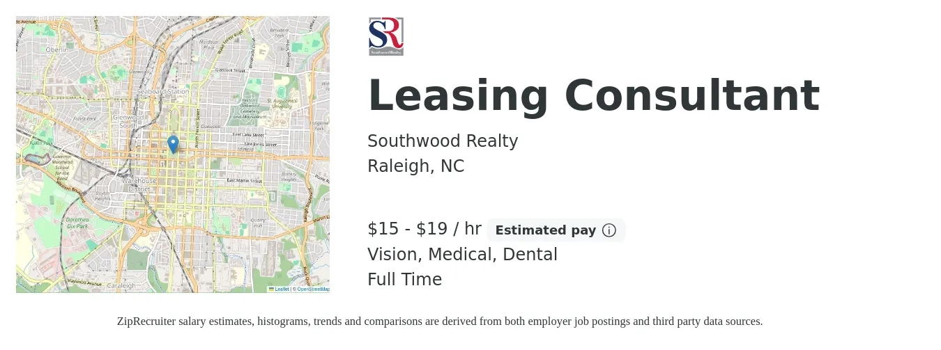 Southwood Realty job posting for a Leasing Consultant in Raleigh, NC with a salary of $16 to $20 Hourly (plus commission) and benefits including pto, retirement, vision, dental, life_insurance, and medical with a map of Raleigh location.