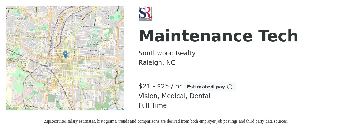 Southwood Realty job posting for a Maintenance Tech in Raleigh, NC with a salary of $22 to $27 Hourly (plus commission) and benefits including retirement, vision, dental, life_insurance, medical, and pto with a map of Raleigh location.