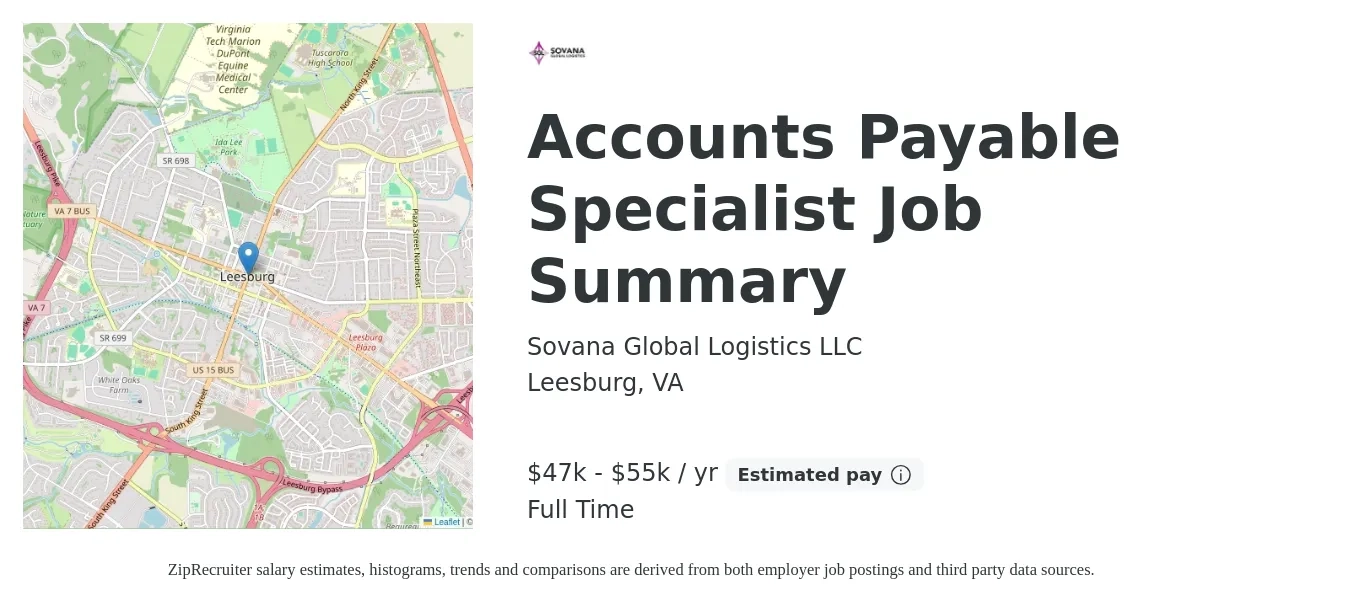 Sovana Global Logistics LLC job posting for a Accounts Payable Specialist Job Summary in Leesburg, VA with a salary of $47,000 to $55,000 Yearly with a map of Leesburg location.