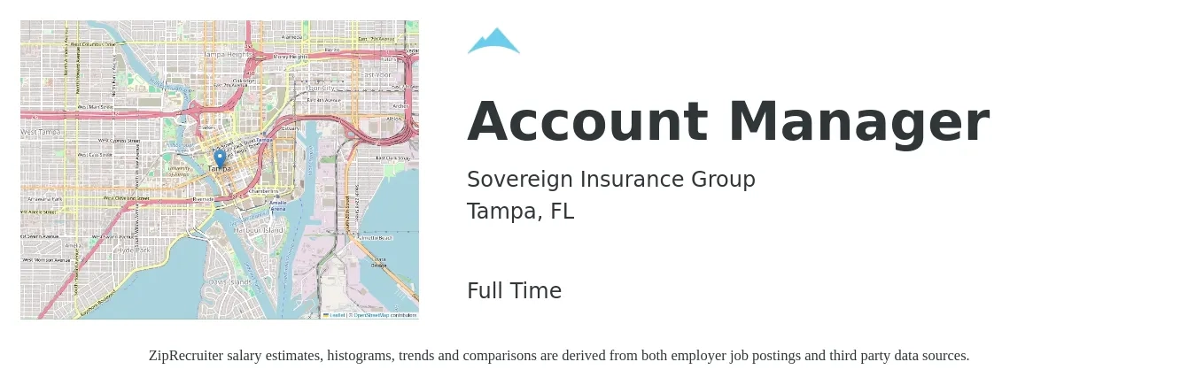Sovereign Insurance Group job posting for a Account Manager in Tampa, FL with a salary of $45,400 to $74,200 Yearly with a map of Tampa location.