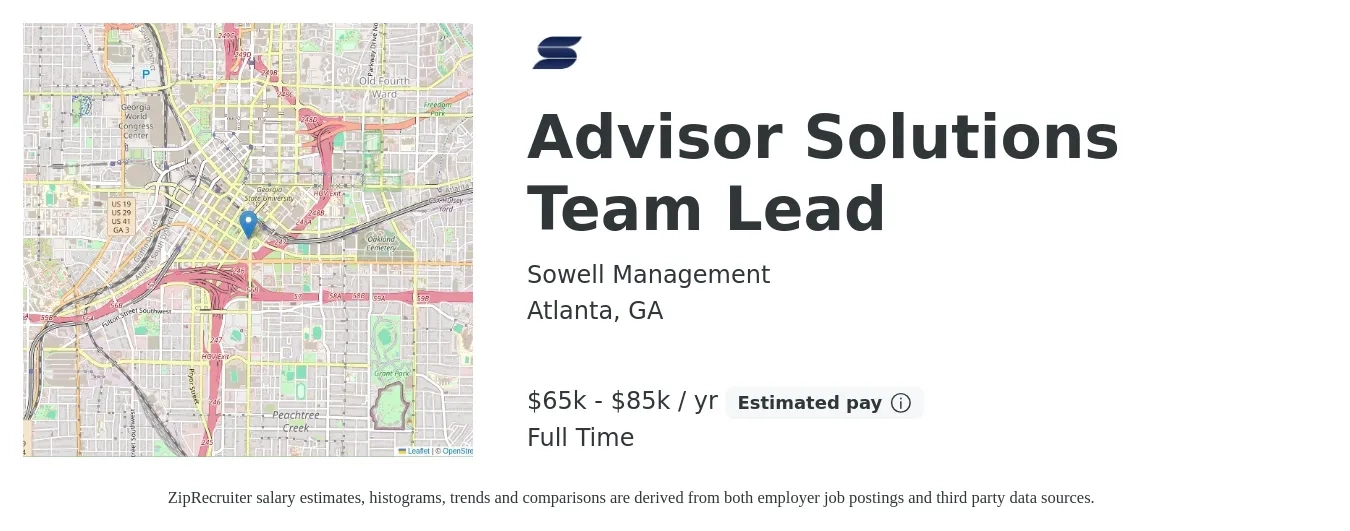 Sowell Management job posting for a Advisor Solutions Team Lead in Atlanta, GA with a salary of $65,000 to $85,000 Yearly with a map of Atlanta location.