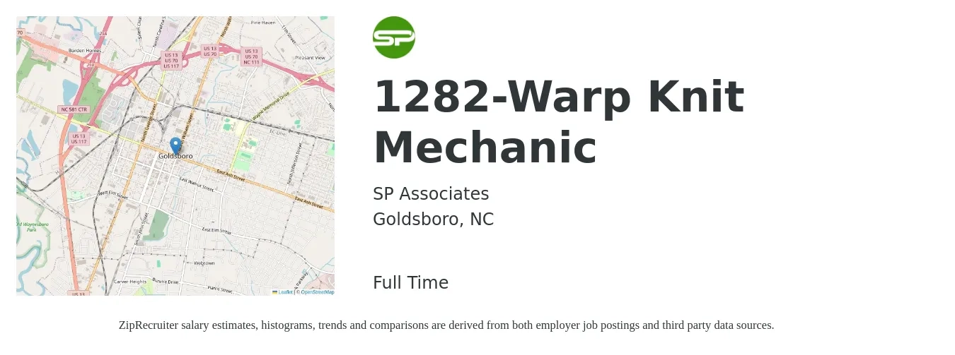 SP Associates job posting for a 1282-Warp Knit Mechanic in Goldsboro, NC with a salary of $18 to $26 Hourly with a map of Goldsboro location.