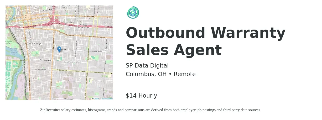 SP Data Digital job posting for a Outbound Warranty Sales Agent in Columbus, OH with a salary of $15 Hourly with a map of Columbus location.