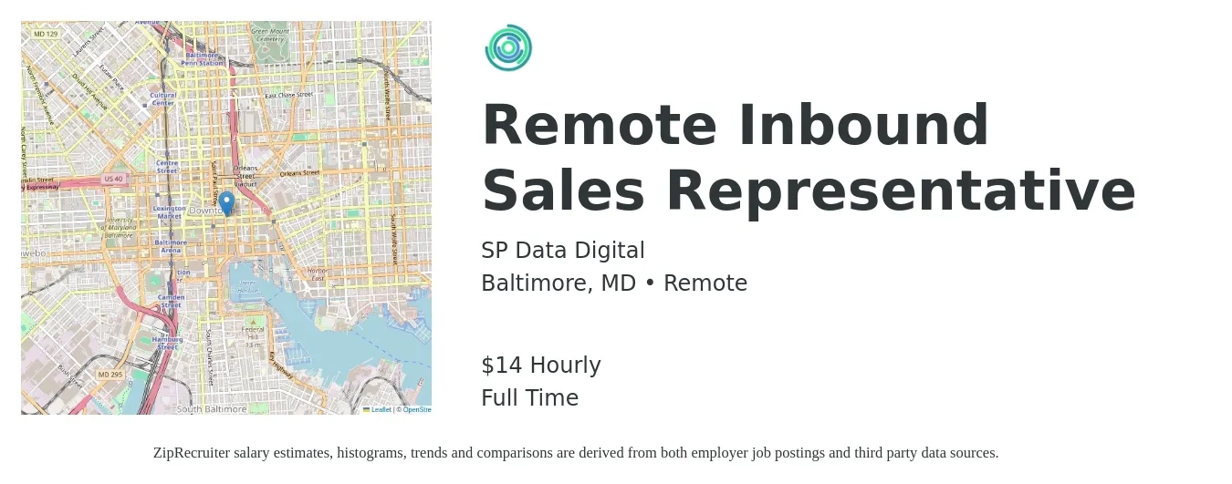 SP Data Digital job posting for a Remote Inbound Sales Representative in Baltimore, MD with a salary of $15 Hourly with a map of Baltimore location.
