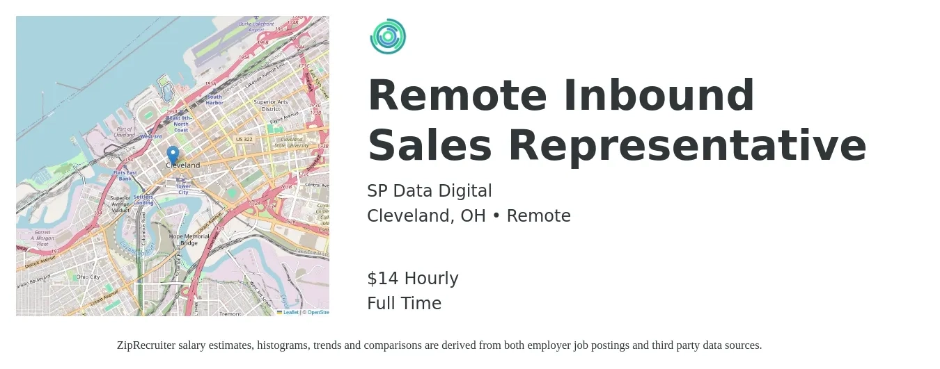 SP Data Digital job posting for a Remote Inbound Sales Representative in Cleveland, OH with a salary of $15 Hourly with a map of Cleveland location.