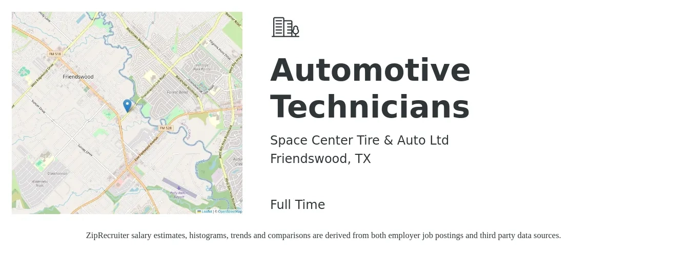 Space Center Tire & Auto Ltd job posting for a Automotive Technicians in Friendswood, TX with a salary of $19 to $30 Hourly with a map of Friendswood location.