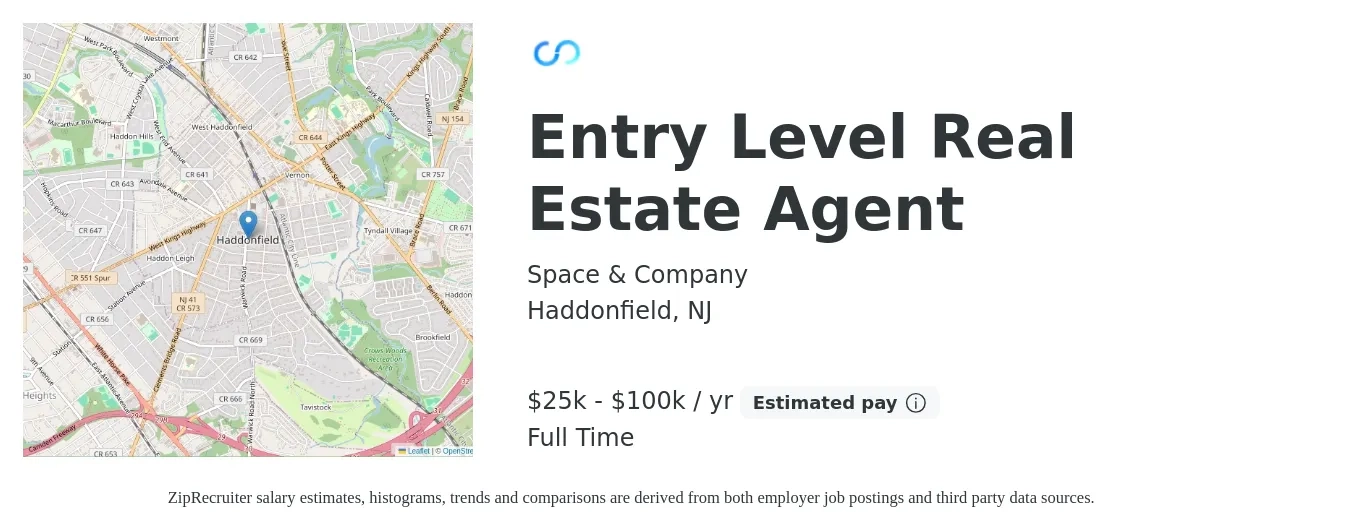 Space & Company job posting for a Entry Level Real Estate Agent in Haddonfield, NJ with a salary of $25,000 to $100,000 Yearly with a map of Haddonfield location.