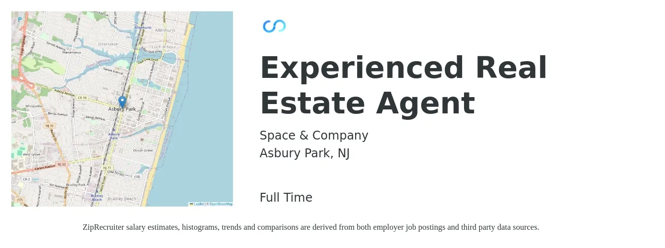 Space & Company job posting for a Experienced Real Estate Agent in Asbury Park, NJ with a salary of $64,200 to $107,000 Yearly with a map of Asbury Park location.