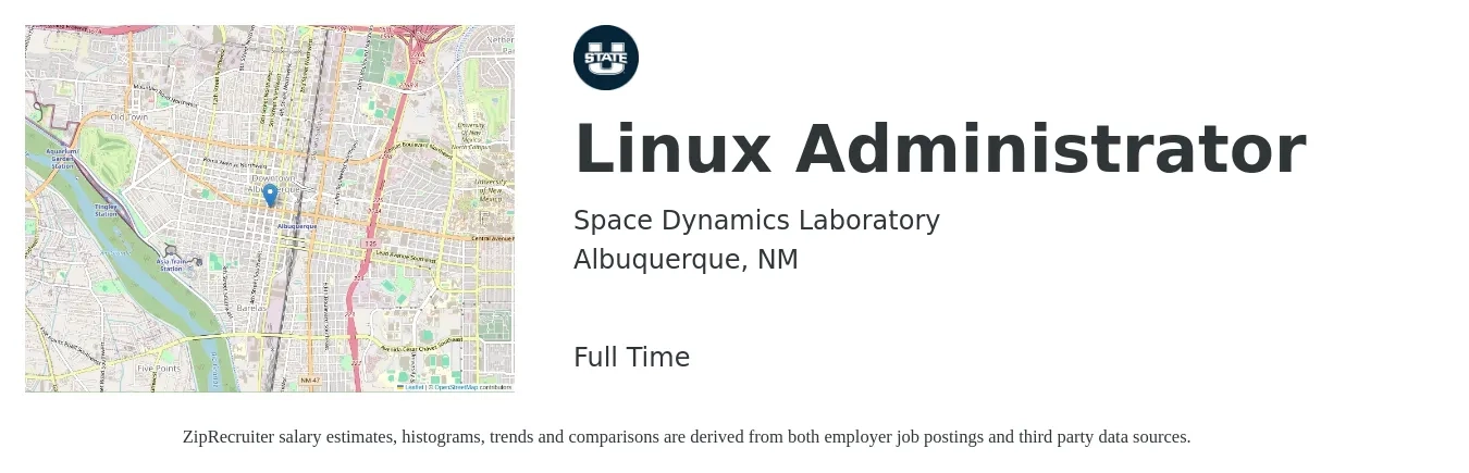 Space Dynamics Laboratory job posting for a Linux Administrator in Albuquerque, NM with a salary of $42 to $60 Hourly with a map of Albuquerque location.