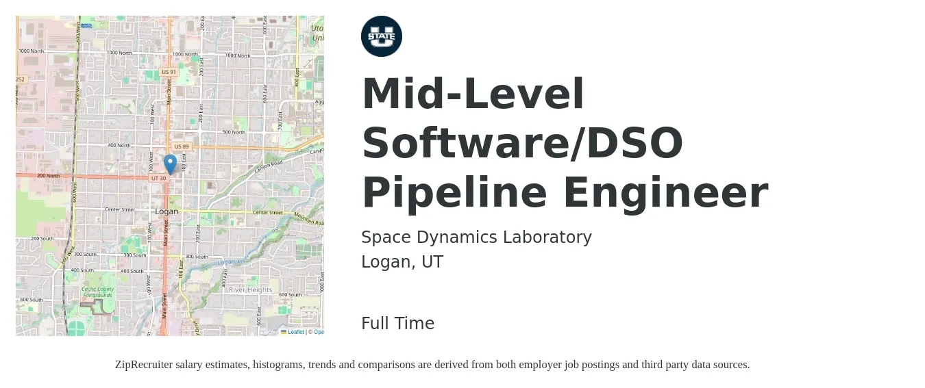 Space Dynamics Laboratory job posting for a Mid-Level Software/DSO Pipeline Engineer in Logan, UT with a salary of $103,400 to $149,000 Yearly with a map of Logan location.
