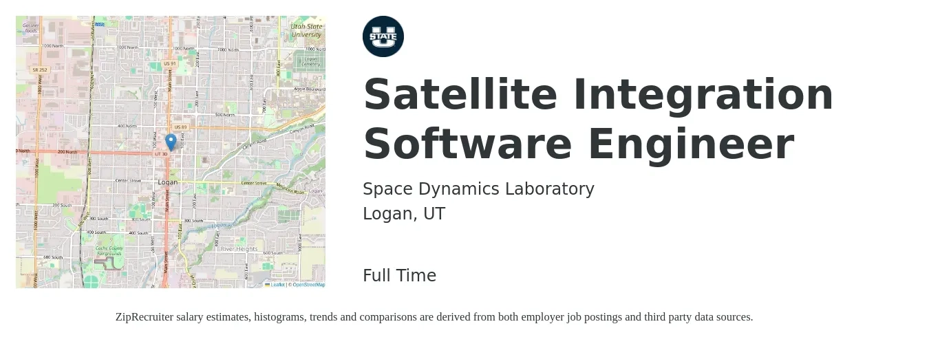 Space Dynamics Laboratory job posting for a Satellite Integration Software Engineer in Logan, UT with a salary of $89,600 to $120,600 Yearly with a map of Logan location.