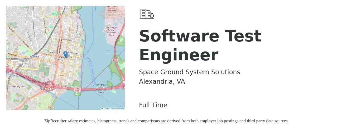 Space Ground System Solutions job posting for a Software Test Engineer in Alexandria, VA with a salary of $80,000 to $110,000 Yearly with a map of Alexandria location.