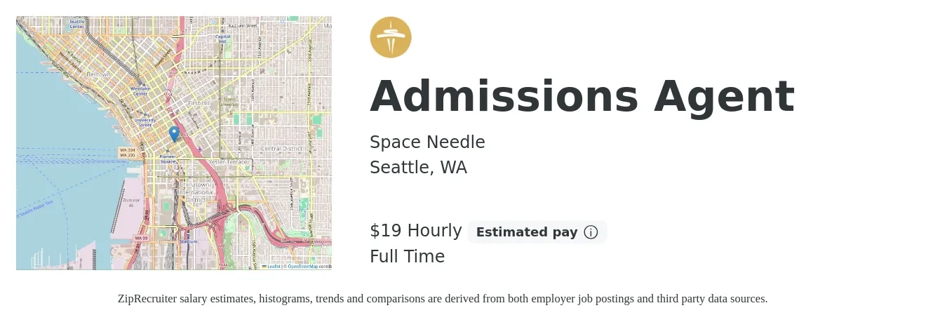 Space Needle job posting for a Admissions Agent in Seattle, WA with a salary of $20 Hourly with a map of Seattle location.