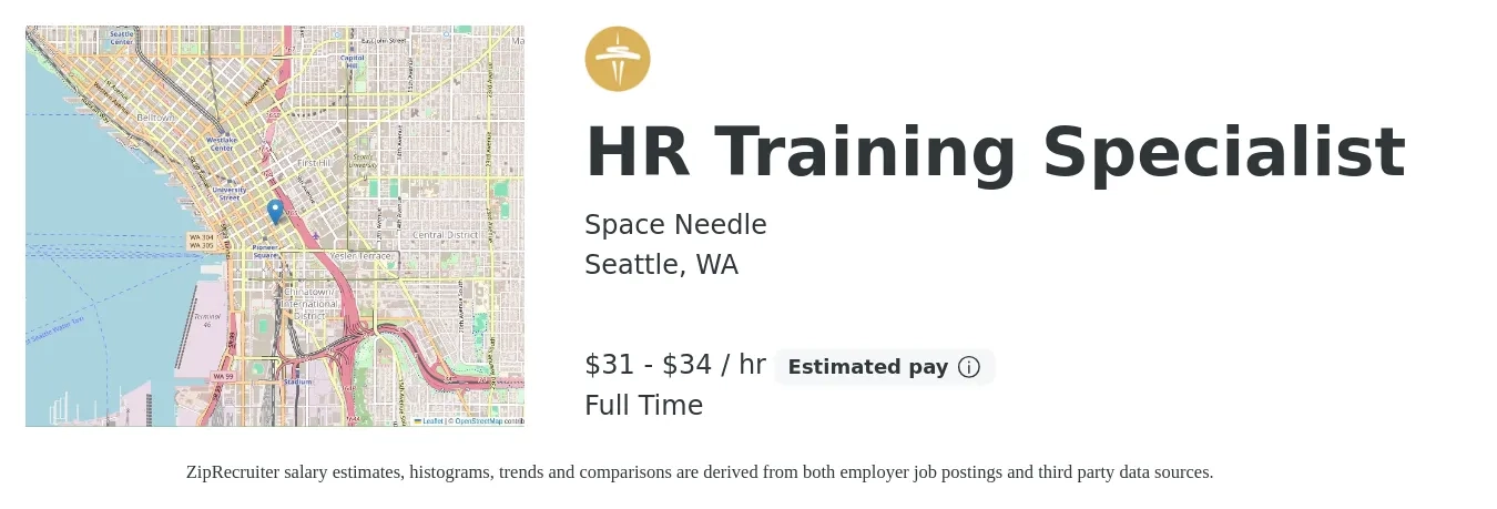 Space Needle job posting for a HR Training Specialist in Seattle, WA with a salary of $33 to $36 Hourly with a map of Seattle location.
