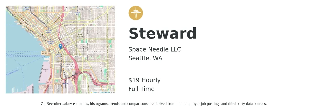 Space Needle job posting for a Steward in Seattle, WA with a salary of $20 Hourly with a map of Seattle location.