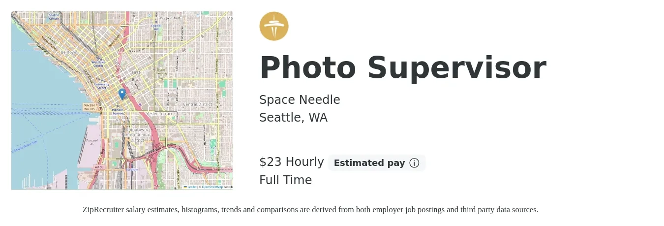 Space Needle job posting for a Photo Supervisor in Seattle, WA with a salary of $24 Hourly with a map of Seattle location.