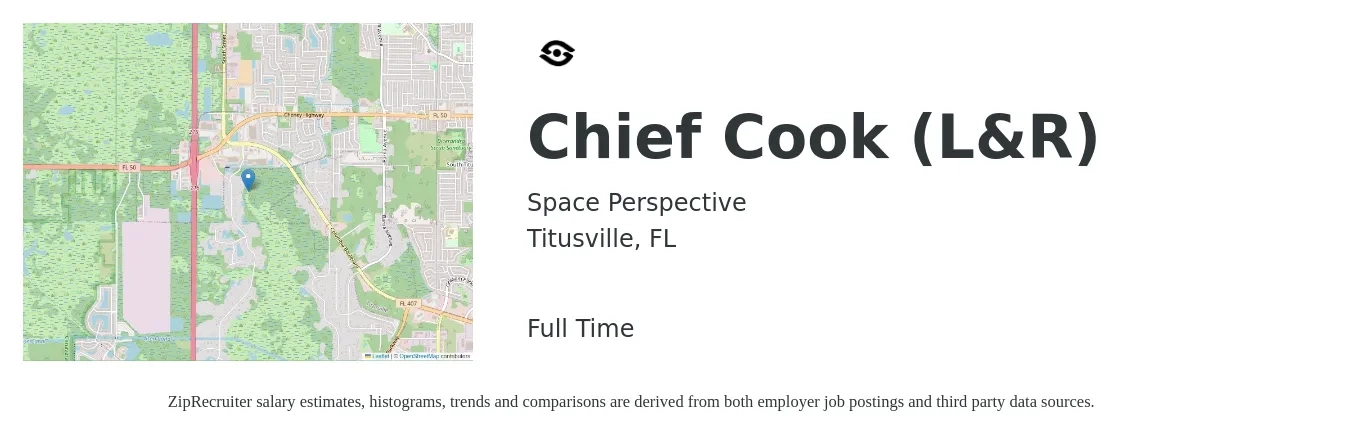 Space Perspective job posting for a Chief Cook (L&R) in Titusville, FL with a salary of $23 Hourly with a map of Titusville location.