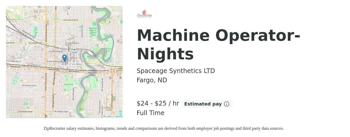 Spaceage Synthetics LTD job posting for a Machine Operator-Nights in Fargo, ND with a salary of $25 to $27 Hourly with a map of Fargo location.