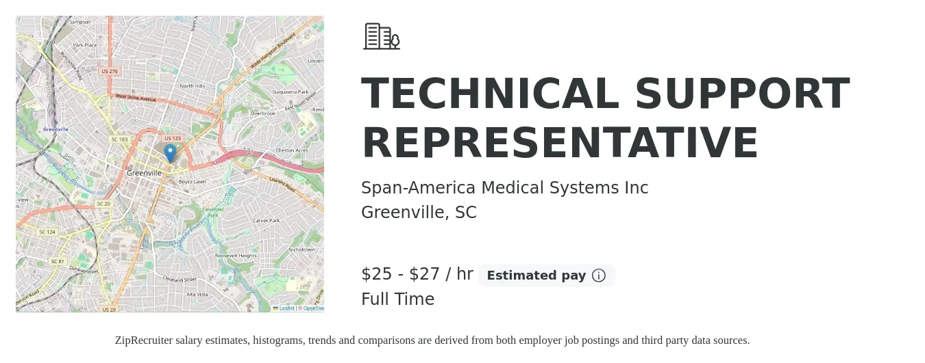 Span-America Medical Systems Inc job posting for a TECHNICAL SUPPORT REPRESENTATIVE in Greenville, SC with a salary of $26 to $29 Hourly with a map of Greenville location.