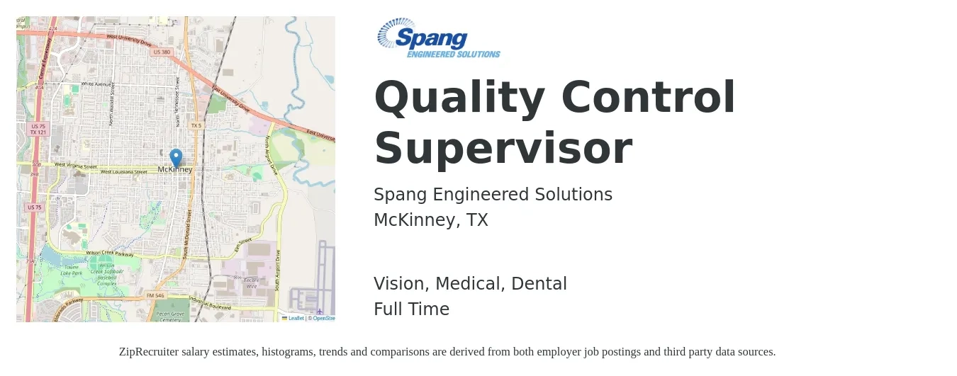 Spang Engineered Solutions job posting for a Quality Control Supervisor in McKinney, TX with a salary of $56,100 to $92,800 Yearly and benefits including medical, pto, retirement, vision, dental, and life_insurance with a map of McKinney location.