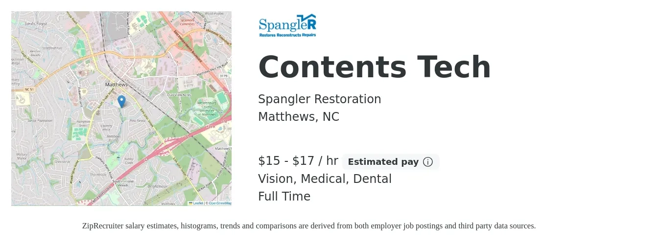 Spangler Restoration job posting for a Contents Tech in Matthews, NC with a salary of $16 to $18 Hourly and benefits including 401k, dental, life_insurance, medical, and vision with a map of Matthews location.