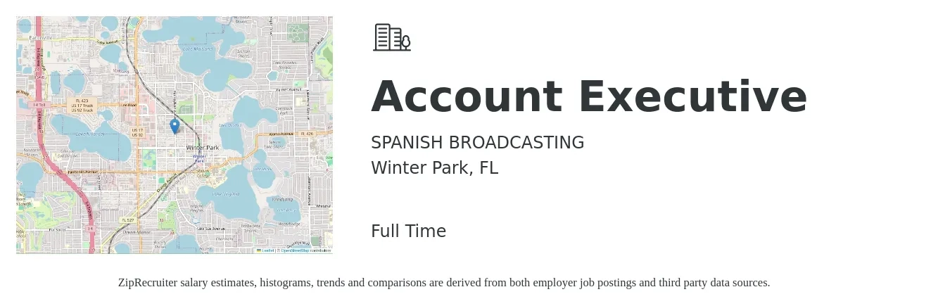 SPANISH BROADCASTING job posting for a Account Executive in Winter Park, FL with a salary of $50,700 to $89,200 Yearly with a map of Winter Park location.