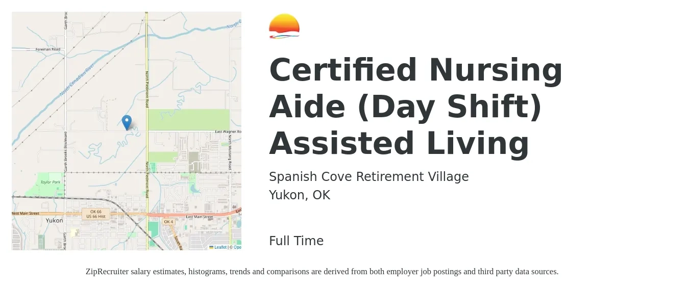 Spanish Cove Retirement Village job posting for a Certified Nursing Aide (Day Shift) Assisted Living in Yukon, OK with a salary of $14 to $17 Hourly with a map of Yukon location.