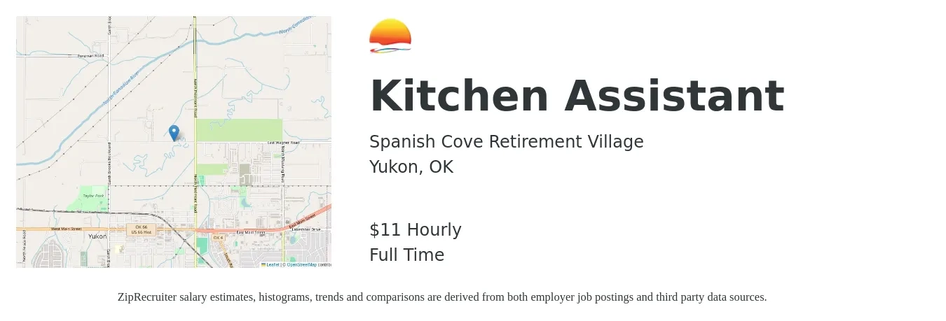 Spanish Cove Retirement Village job posting for a Kitchen Assistant in Yukon, OK with a salary of $12 Hourly with a map of Yukon location.