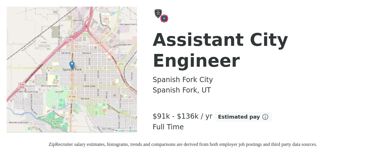 Spanish Fork City job posting for a Assistant City Engineer in Spanish Fork, UT with a salary of $91,165 to $136,747 Yearly with a map of Spanish Fork location.
