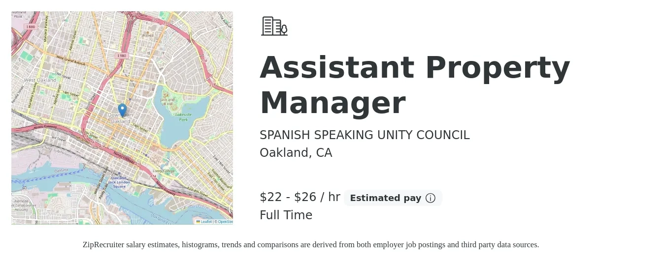 SPANISH SPEAKING UNITY COUNCIL job posting for a Assistant Property Manager in Oakland, CA with a salary of $25 to $30 Yearly with a map of Oakland location.