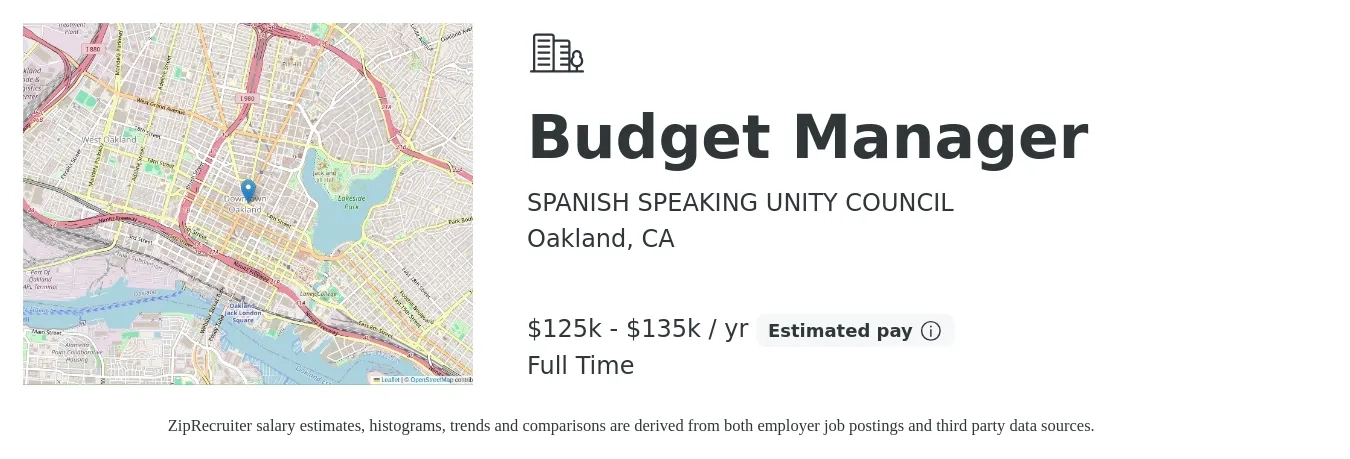 SPANISH SPEAKING UNITY COUNCIL job posting for a Budget Manager in Oakland, CA with a salary of $125,000 to $135,000 Yearly with a map of Oakland location.