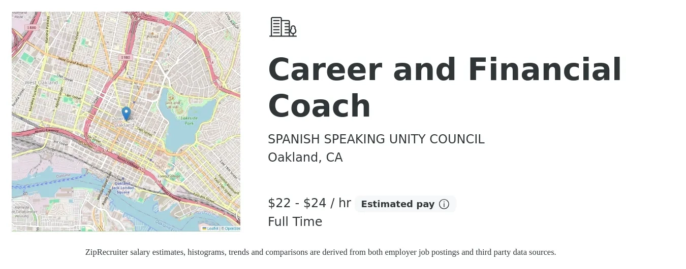 SPANISH SPEAKING UNITY COUNCIL job posting for a Career and Financial Coach in Oakland, CA with a salary of $23 to $25 Hourly with a map of Oakland location.