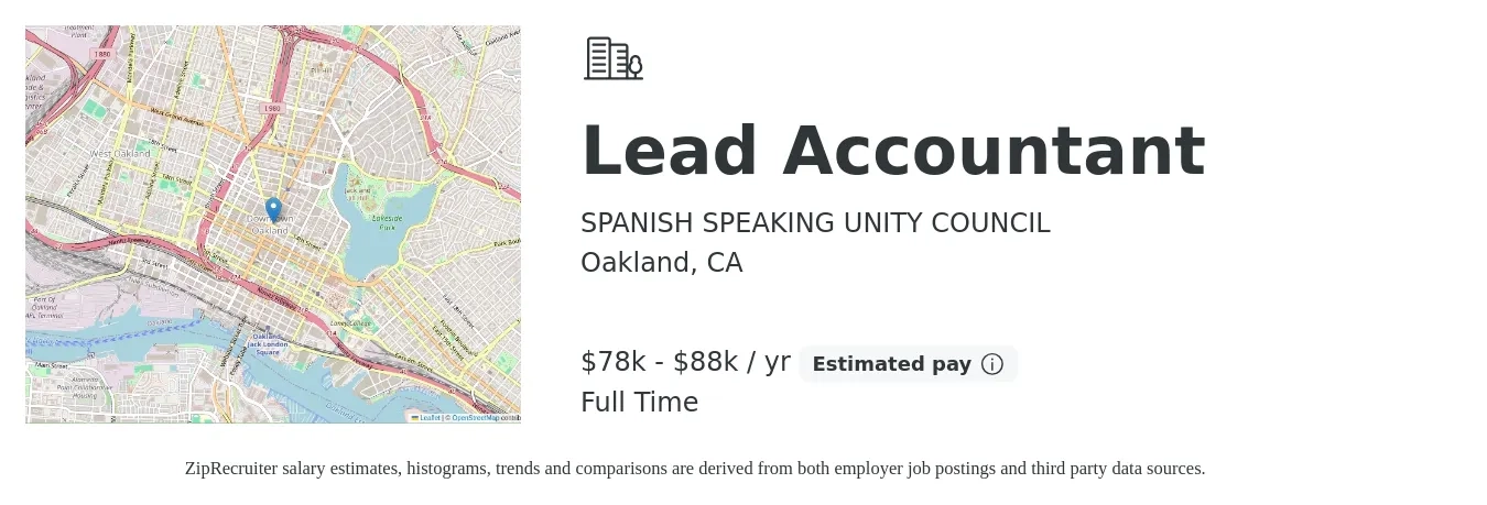 SPANISH SPEAKING UNITY COUNCIL job posting for a Lead Accountant in Oakland, CA with a salary of $78,000 to $88,000 Yearly with a map of Oakland location.