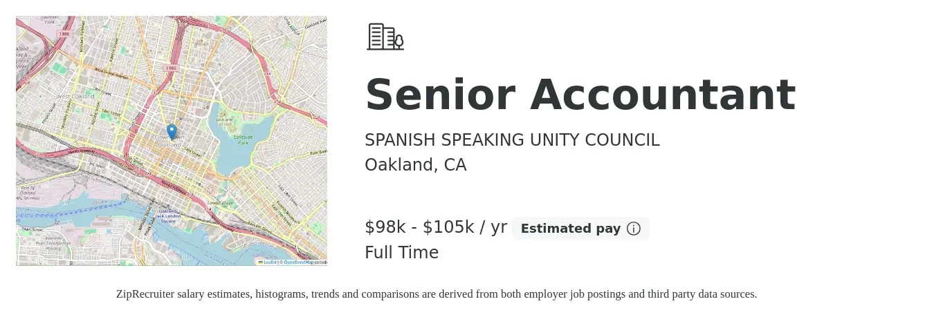 SPANISH SPEAKING UNITY COUNCIL job posting for a Senior Accountant in Oakland, CA with a salary of $98,000 to $105,000 Yearly with a map of Oakland location.