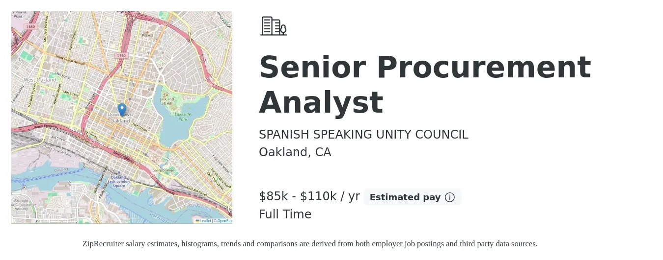 SPANISH SPEAKING UNITY COUNCIL job posting for a Senior Procurement Analyst in Oakland, CA with a salary of $85,000 to $110,000 Yearly with a map of Oakland location.