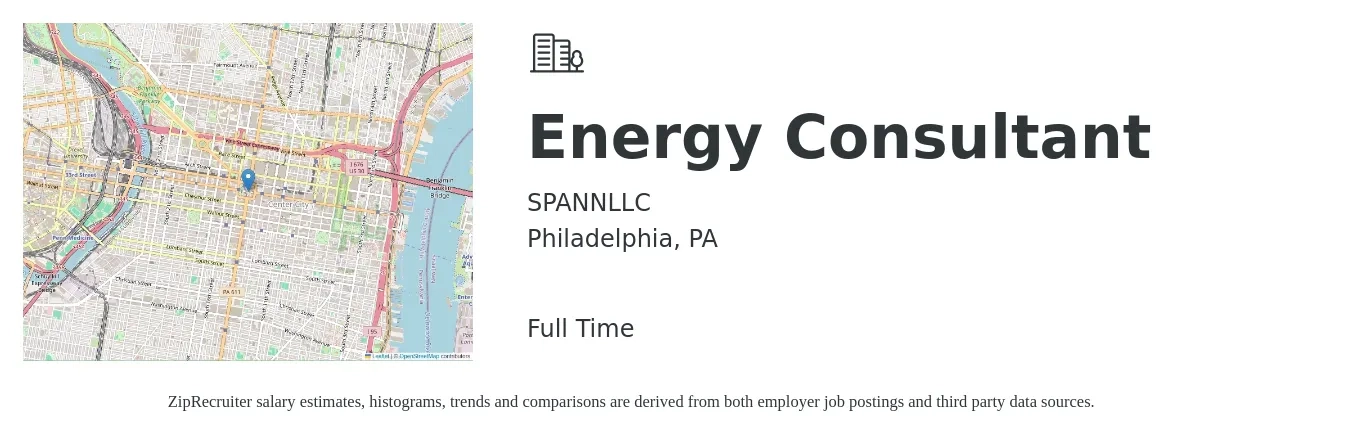 SPANNLLC job posting for a Energy Consultant in Philadelphia, PA with a salary of $500 to $1,500 Weekly (plus commission) with a map of Philadelphia location.