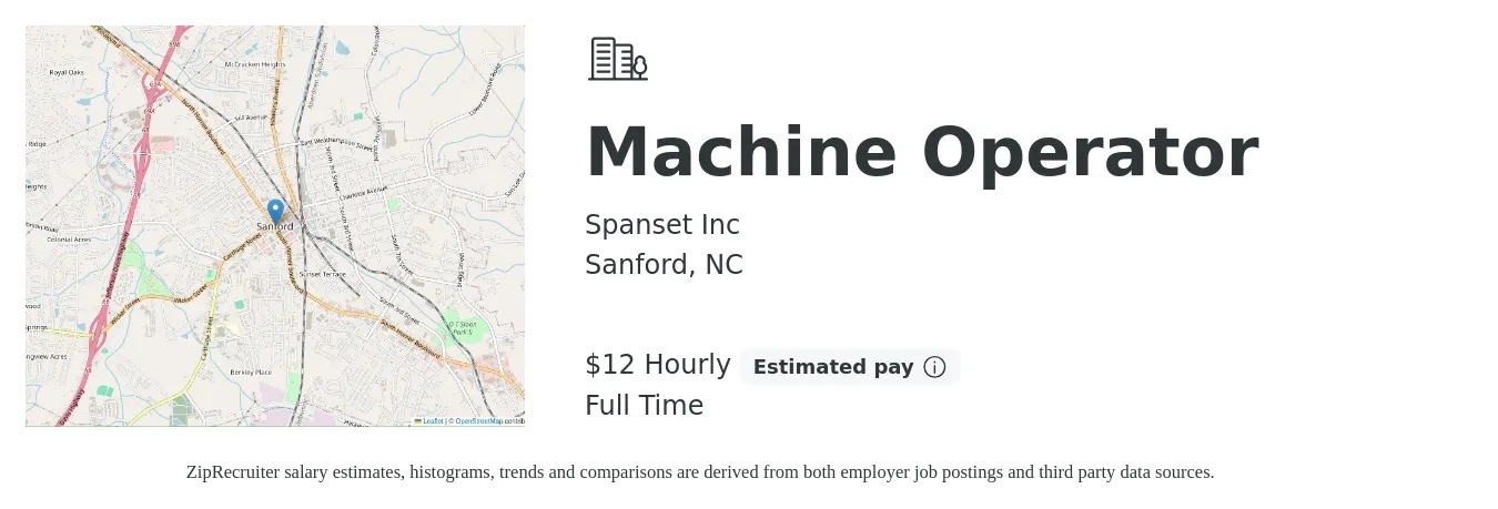 Spanset Inc job posting for a Machine Operator in Sanford, NC with a salary of $13 Hourly with a map of Sanford location.