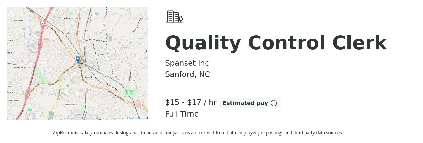 Spanset Inc job posting for a Quality Control Clerk in Sanford, NC with a salary of $16 to $18 Hourly with a map of Sanford location.